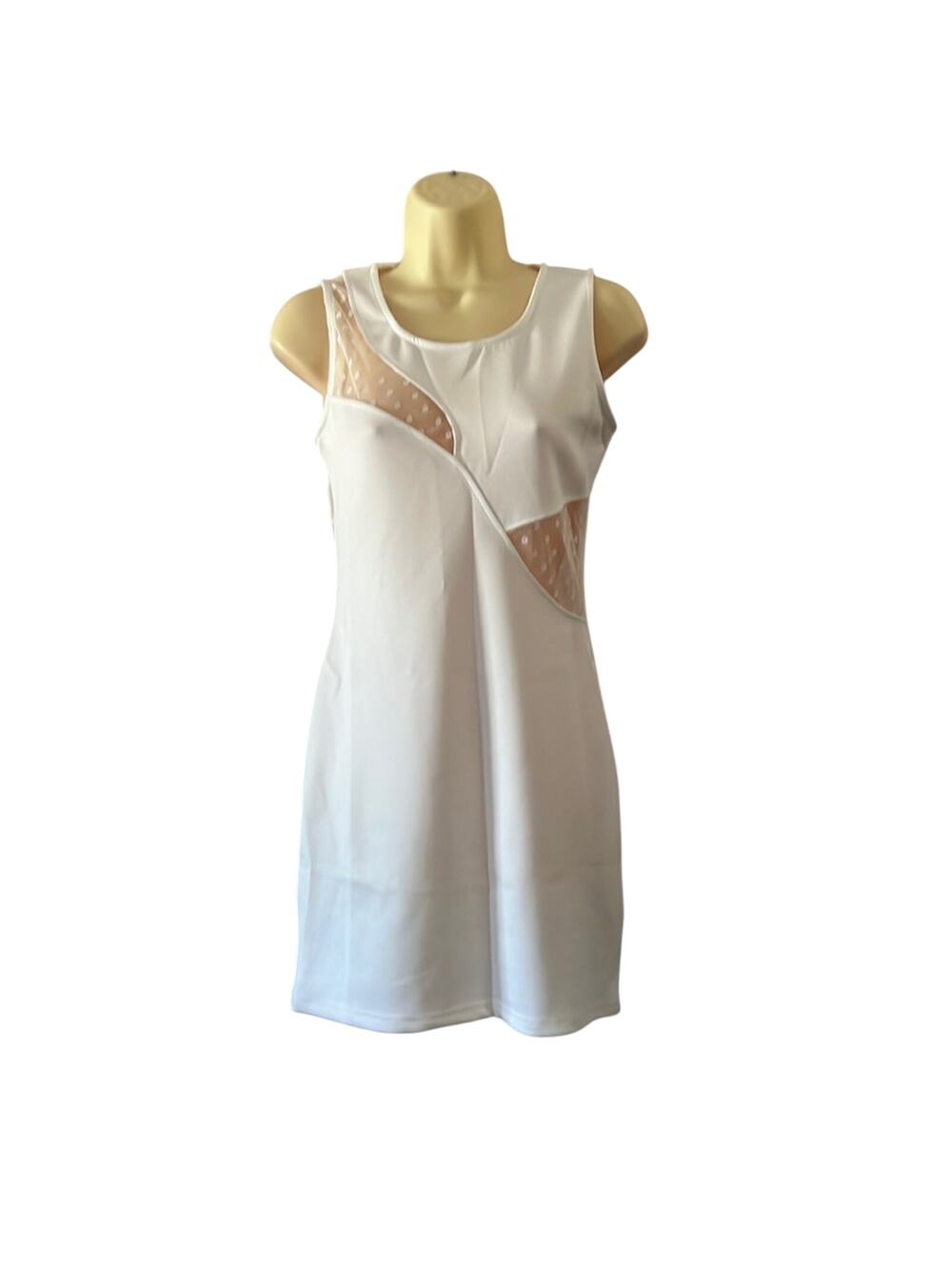 Lauren & Claire M White Stretch Knit Dress with Dotted Tulle Insets Juniors